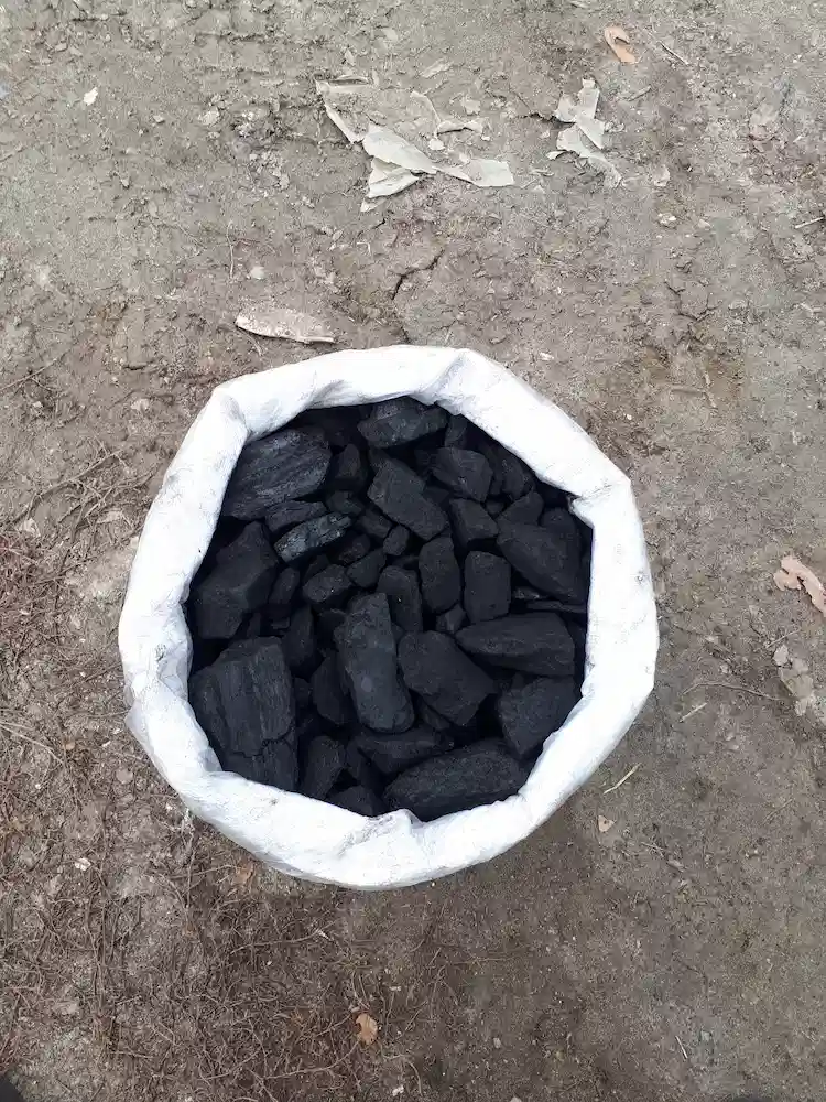 На фотографии мешок заполненный каменным углем ДПК